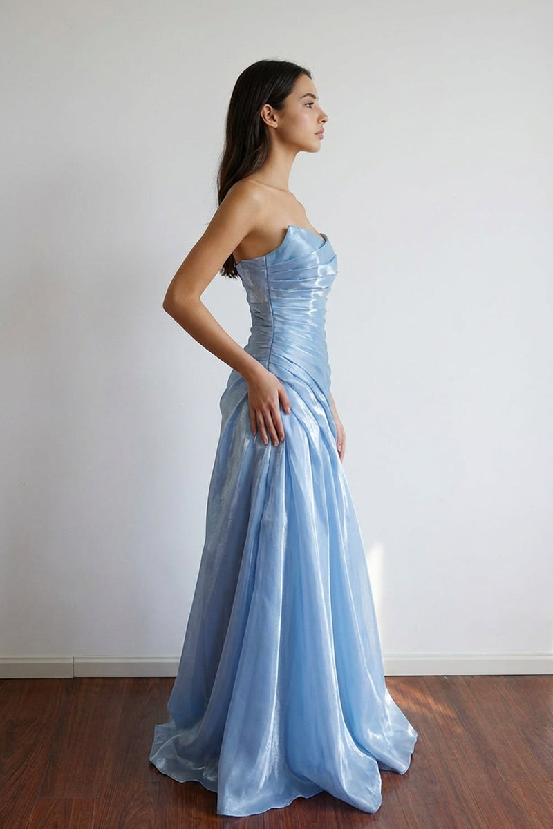 Simple Mermaid Organza Strapless Blue Prom Dress Party Dress-Pgmdress