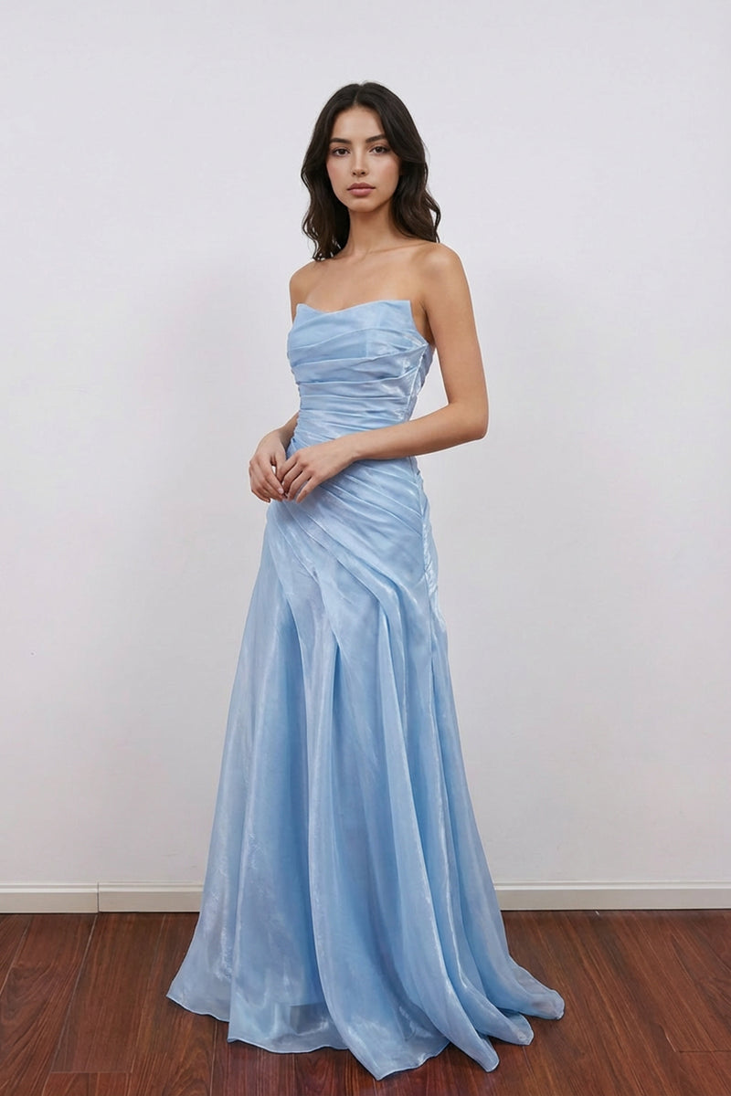 Simple Mermaid Organza Strapless Blue Prom Dress Party Dress-Pgmdress