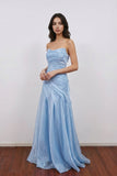 Simple Mermaid Organza Strapless Blue Prom Dress Party Dress