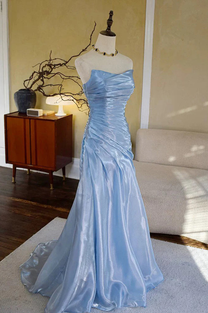 strapless open back dress Simple Mermaid Organza Strapless Blue Prom Dress Party Dress – Pgmdress