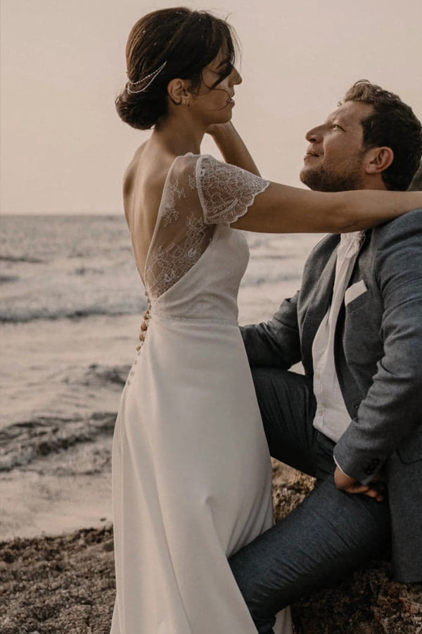 Simple Romantic A-line Modest Wedding Dress Beach Wedding Dress-Pgmdress