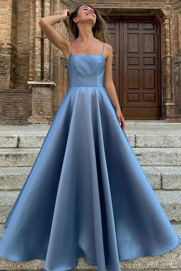 Simple Satin Spaghetti Straps Pleated Square Neck Prom Dress PSK635-Pgmdress
