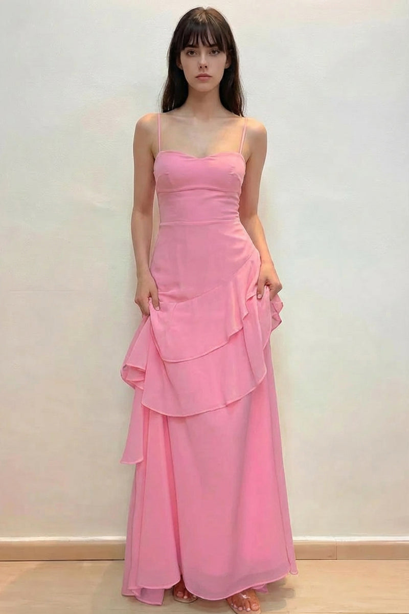 Spaghetti Straps Sweetheart Tiered Ruffle Simple Chiffon Prom Dress-Pgmdress