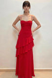Spaghetti Straps Sweetheart Tiered Ruffle Simple Chiffon Prom Dress-Pgmdress