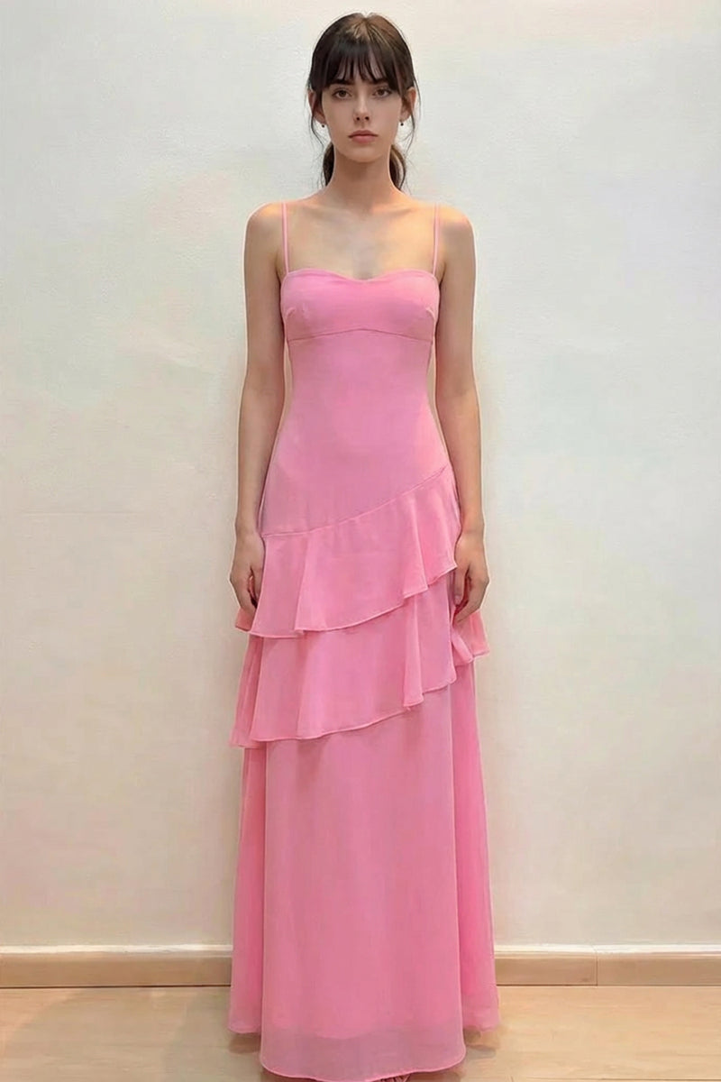 Spaghetti Straps Sweetheart Tiered Ruffle Simple Chiffon Prom Dress-Pgmdress
