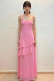 Spaghetti Straps Sweetheart Tiered Ruffle Simple Chiffon Prom Dress-Pgmdress