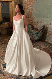 Simple Wide Straps Ivory Wedding Gown with Pockets WD633