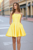 Simple A Line Cross Back Yellow Homecoming Dress with Pockets  PD280