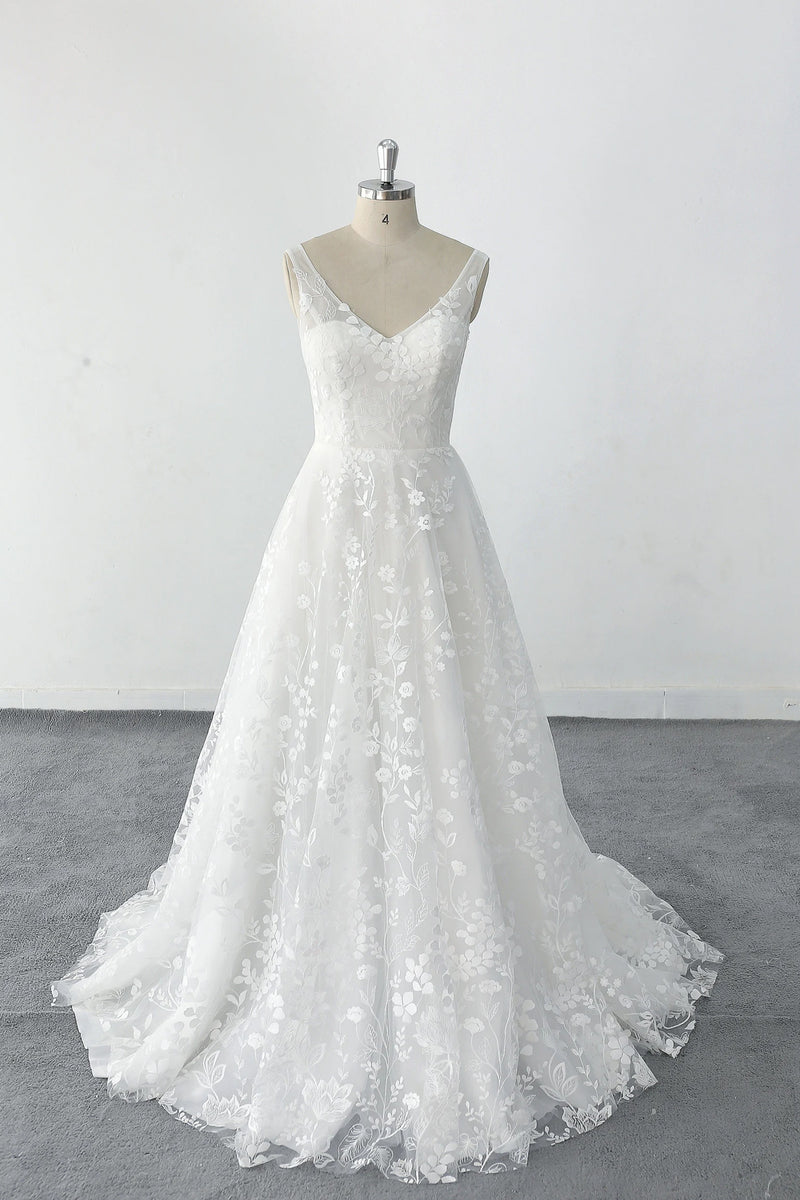 Simple style Plunging V Neck Floral Lace Wedding Dress Bridal Gown-Pgmdress