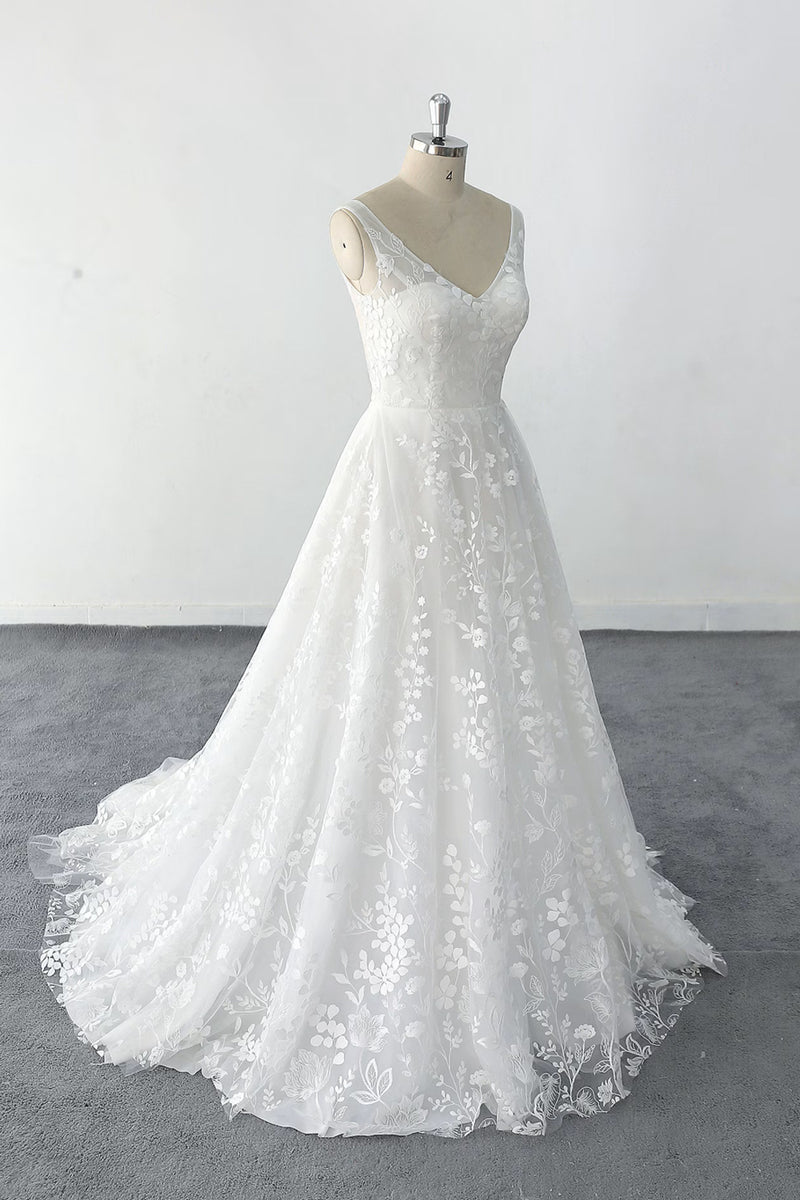 Simple style Plunging V Neck Floral Lace Wedding Dress Bridal Gown-Pgmdress