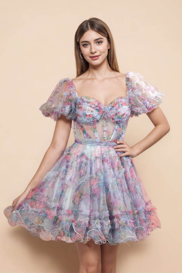 Sky Blue Off the Shoulder Puff Sleeves Printed Homecoming Dress-Pgmdress