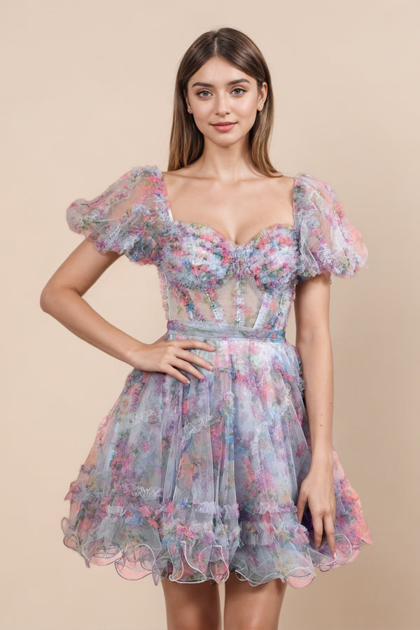 Sky Blue Off the Shoulder Puff Sleeves Printed Homecoming Dress-Pgmdress