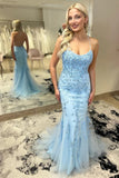 Sky Blue Trumpet Spaghetti Straps With Lace Long Prom Dresses PSK462