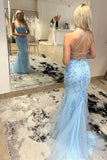 Sky Blue Trumpet Spaghetti Straps With Lace Long Prom Dresses PSK462-Pgmdress