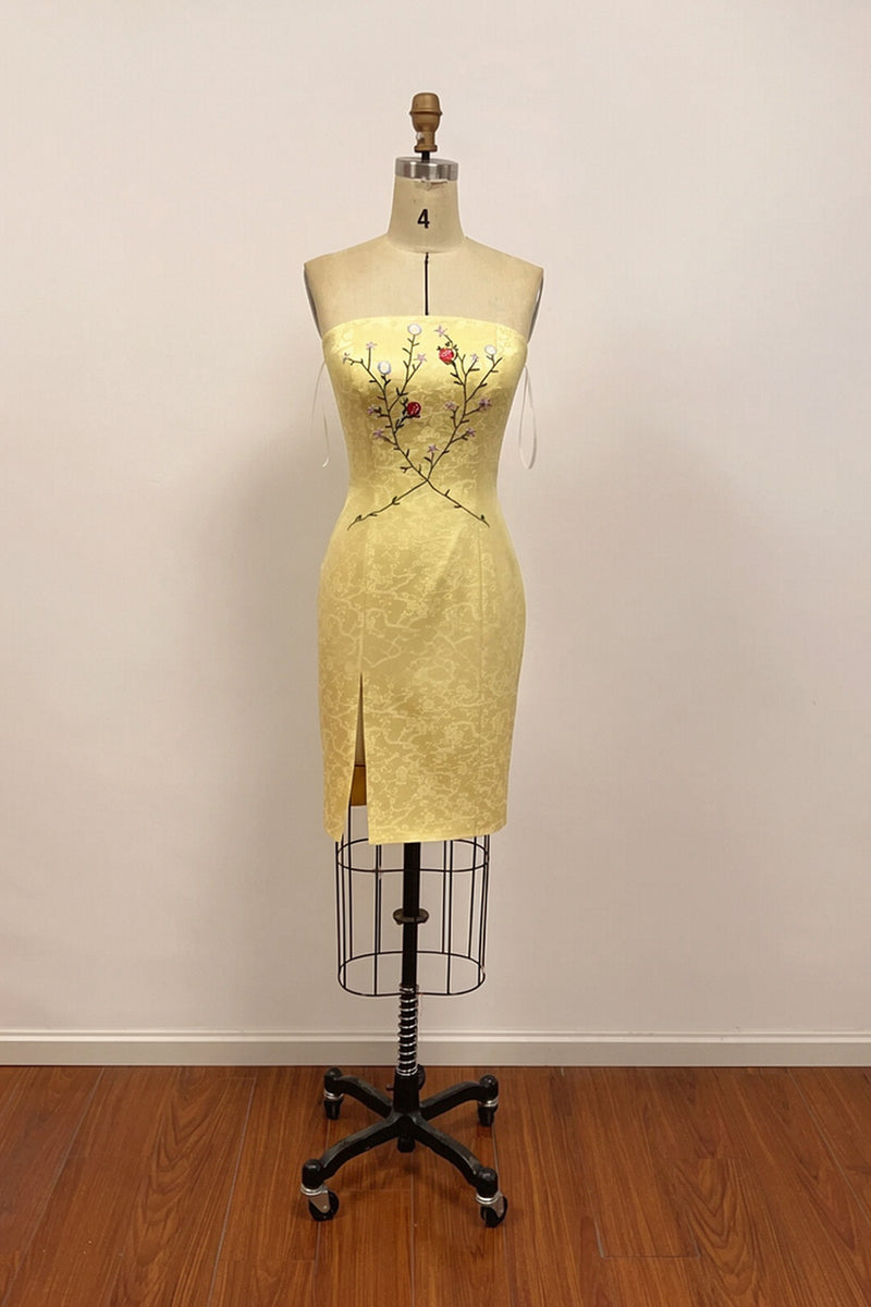 Sleeveless Yellow Embroidered Homecoming Dress with Side Slit-Pgmdress