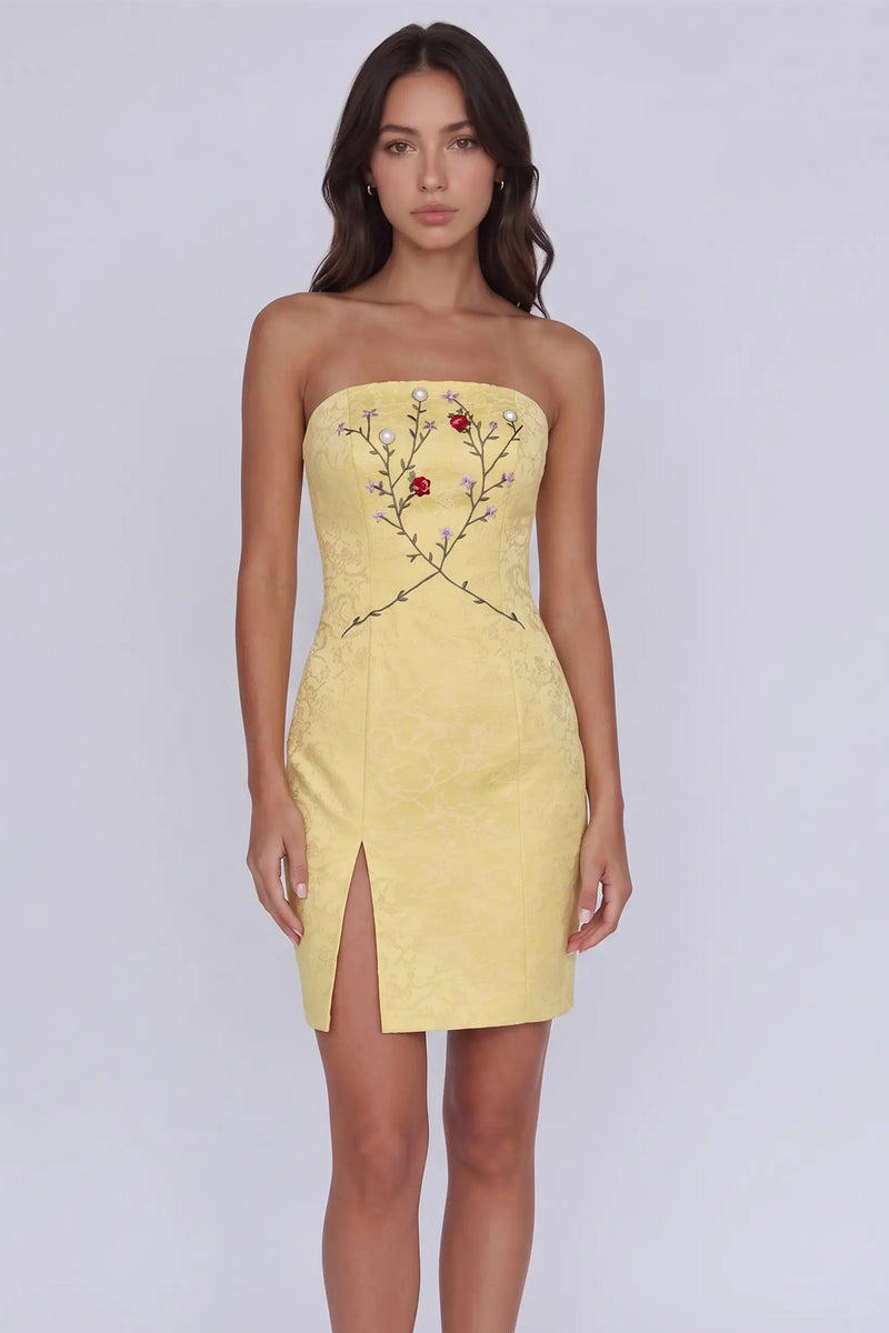 Sleeveless Yellow Embroidered Homecoming Dress with Side Slit-Pgmdress