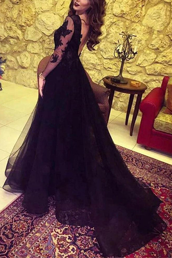 Slit Glamorous Lace Black Long-Sleeve Prom Dress Evening Dress PG431-Pgmdress