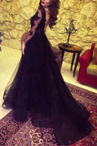 Slit Glamorous Lace Black Long-Sleeve Prom Dress Evening Dress PG431-Pgmdress