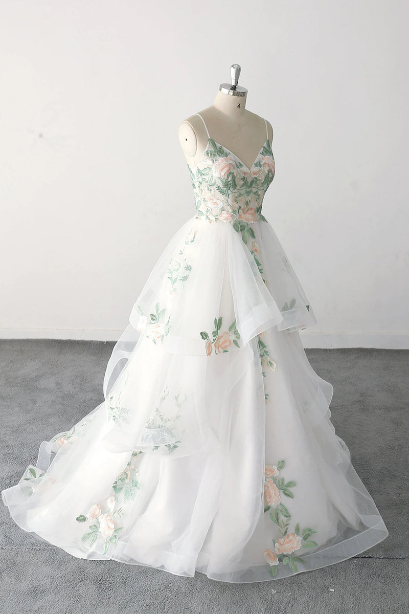 Spaghetti Strap Green Lace Forest Wedding Dress Fairy Bridal Gown-Pgmdress