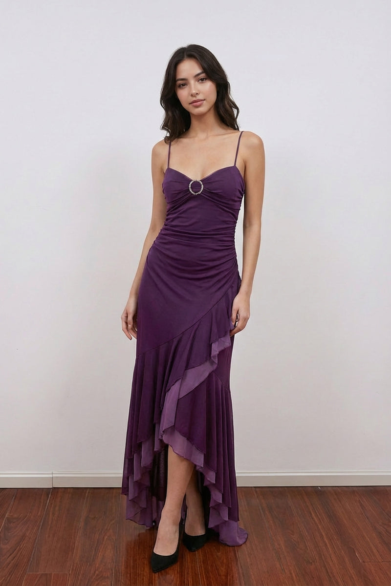 Spaghetti Strap Layered Ruffled Slit Purple Prom Dress Midi Gown-Pgmdress