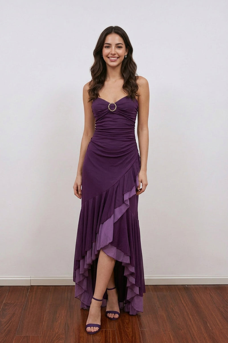 Spaghetti Strap Layered Ruffled Slit Purple Prom Dress Midi Gown-Pgmdress