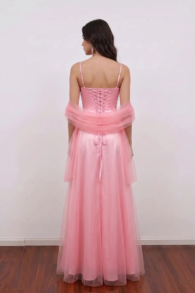 Spaghetti Strap Vintage Pink Prom Dress Party Dress with Shawl-Pgmdress