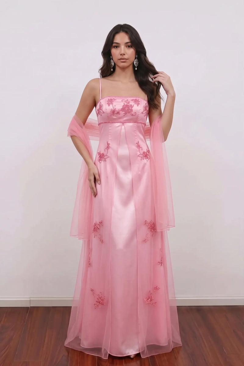 Spaghetti Strap Vintage Pink Prom Dress Party Dress with Shawl-Pgmdress