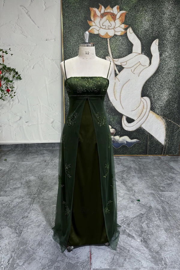 Spaghetti Straps 90S Green Prom Dress Vintage Green Party Dress-Pgmdress