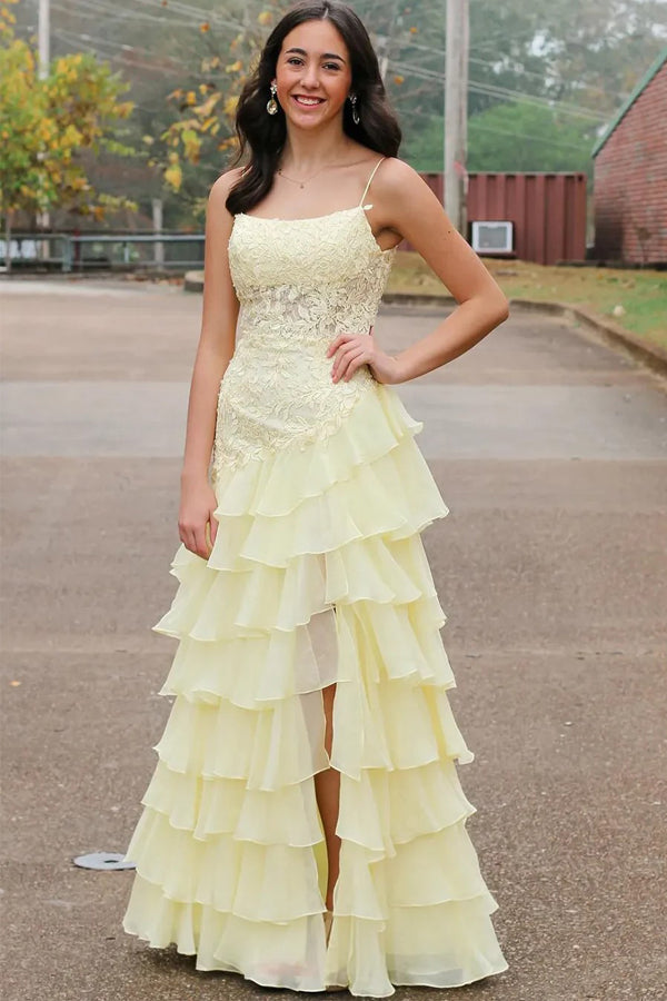 Spaghetti Straps A-Line Layered Yellow Prom Dress with Slit PSK616-Pgmdress