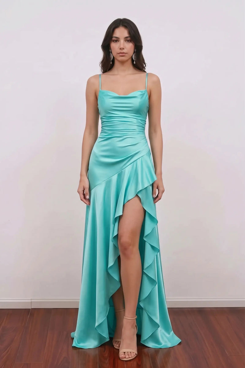 Spaghetti Straps A-Line Ruched Satin Pleats Slit Long Prom Dress-Pgmdress