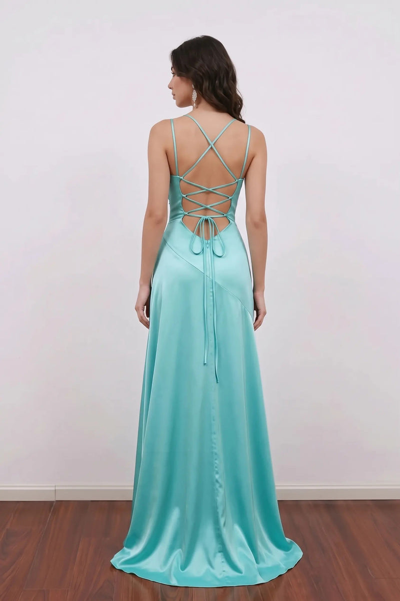 Spaghetti Straps A-Line Ruched Satin Pleats Slit Long Prom Dress-Pgmdress