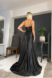 Spaghetti Straps Appliques Side Slit Black Prom Evening Foamal Dress  PSK440-Pgmdress