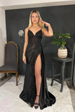 Spaghetti Straps Appliques Side Slit Black Prom Evening Foamal Dress  PSK440-Pgmdress