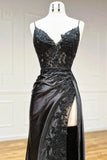 Spaghetti Straps Appliques Side Slit Black Prom Evening Foamal Dress  PSK440-Pgmdress