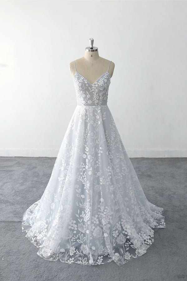 Spaghetti Straps Floral Lace Light Dusty Blue Tulle Wedding Dress-Pgmdress