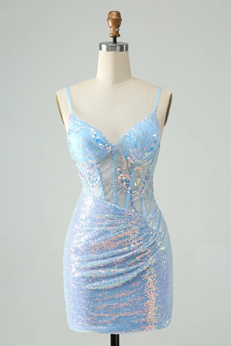 Spaghetti Straps Glitter Sequins Tight Light Blue Homecoming Dress-Pgmdress