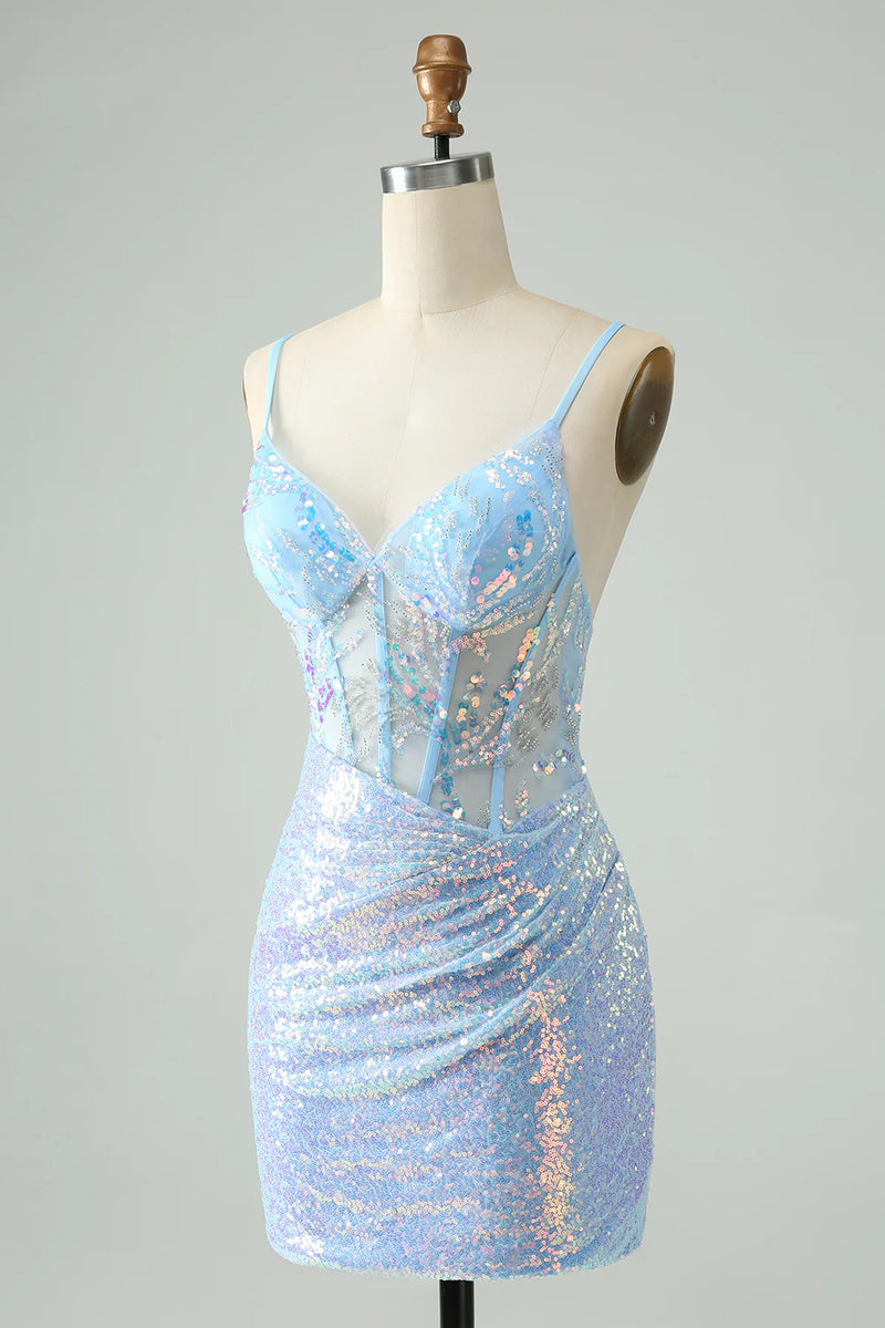 Spaghetti Straps Glitter Sequins Tight Light Blue Homecoming Dress-Pgmdress