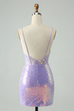 Spaghetti Straps Glitter Sequins Tight Light Blue Homecoming Dress-Pgmdress