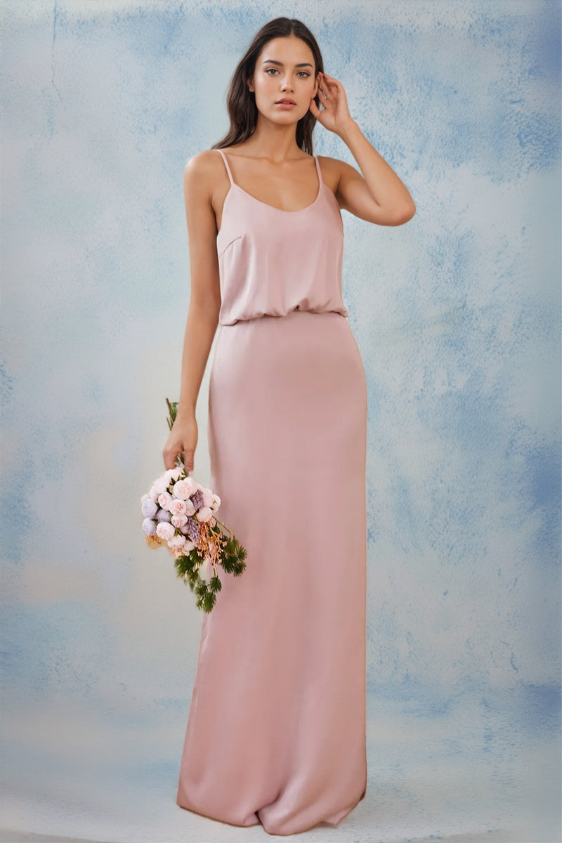 Spaghetti Straps Pink Long Bridesmaid Dress With Split-Pgmdress