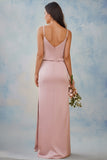 Spaghetti Straps Pink Long Bridesmaid Dress With Split-Pgmdress