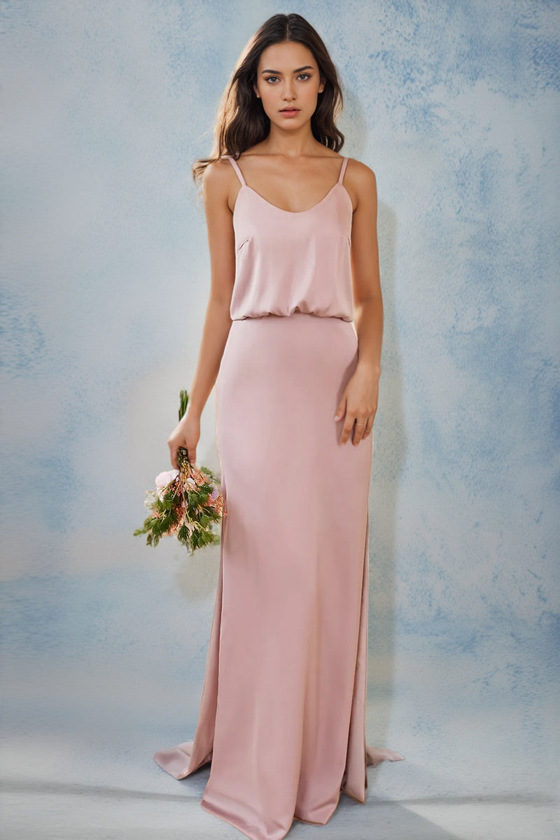 Spaghetti Straps Pink Long Bridesmaid Dress With Split-Pgmdress