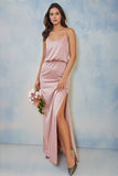 Spaghetti Straps Pink Long Bridesmaid Dress With Split-Pgmdress