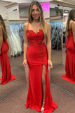 Spaghetti Straps Red Appliques Long Prom Dress Party Dress with Slit-Pgmdress