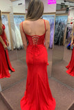 Spaghetti Straps Red Appliques Long Prom Dress Party Dress with Slit-Pgmdress