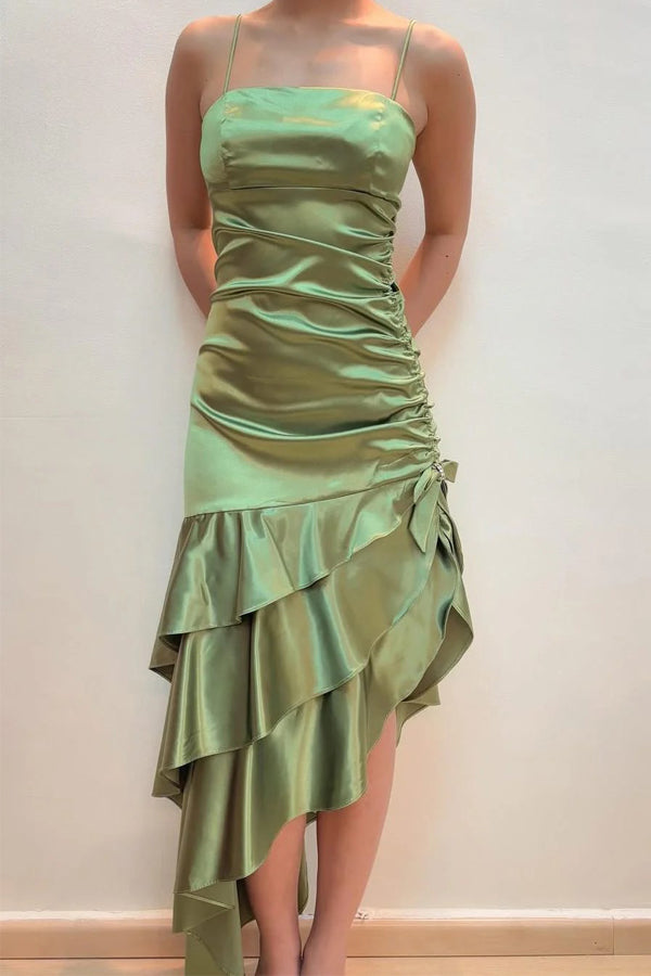 Spaghetti Straps Ruffles Sleeveless Green Long Prom Dress PSK721-Pgmdress