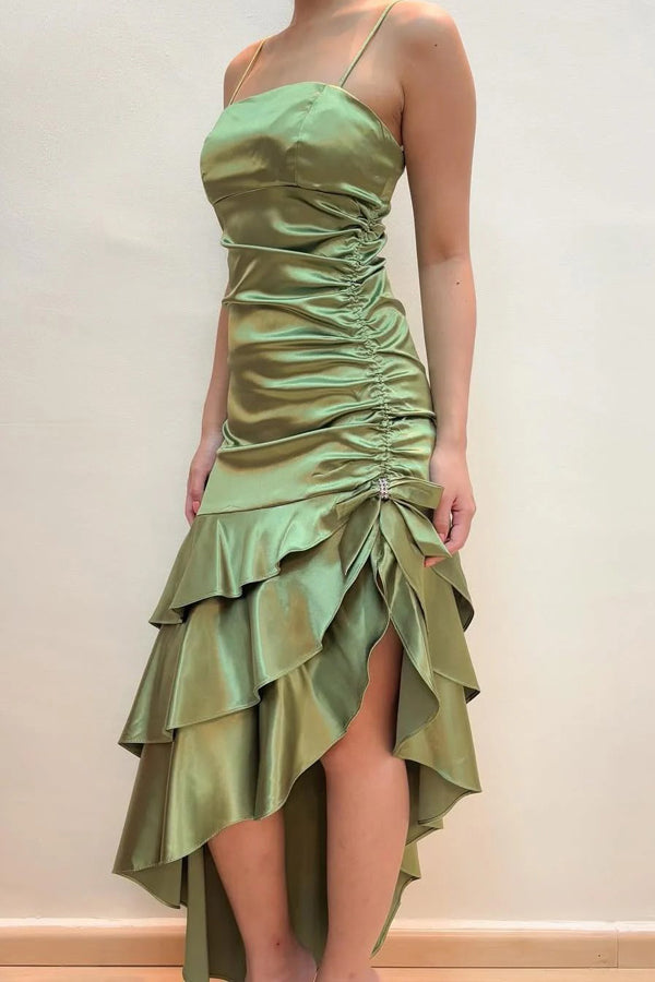 Spaghetti Straps Ruffles Sleeveless Green Long Prom Dress PSK721-Pgmdress