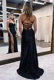 Spaghetti Straps Satin Black Prom Dress Evening Gown With Slit PSK553-Pgmdress