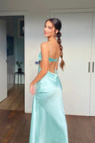 Spaghetti Straps Sexy Aqua Blue Cutout Prom Dress with Open Back