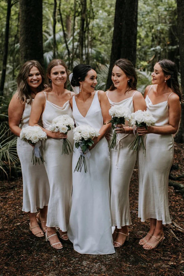 Spaghetti Straps Sheath Cowl Neck Tea Length Bridesmaid Dress BD138-Pgmdress