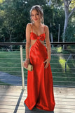 Spaghetti Straps Sleek Red Satin Cut-Out Bow Maxi Prom Dress-Pgmdress